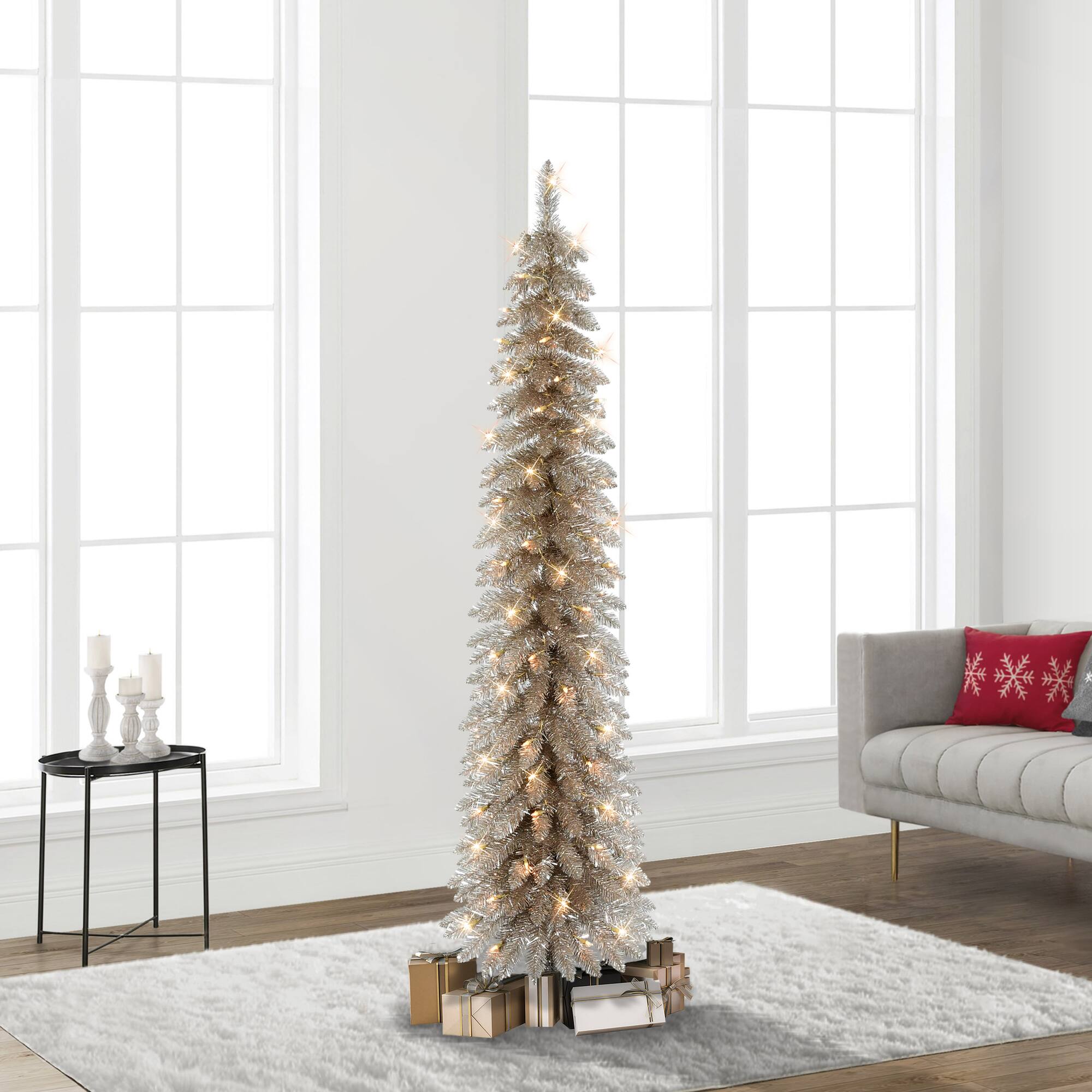 6ft. Pre-Lit Rose Gold Alpine Pencil Artificial Christmas Tree, Clear Lights